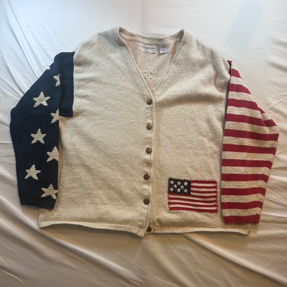 Marisa Christina Woman American Flag Cardigan Linen Cotton Sweater 1X Americana